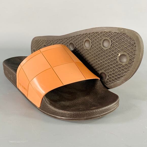 RAF SIMONS Size 10 Tan Black Checkered Rubber Slide Sandals